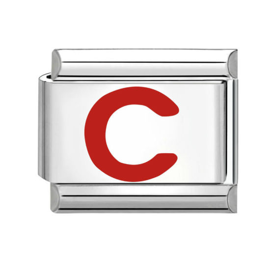 Bild von 1 Stück 304 Edelstahl Großbuchstaben Charm-Armband mit italienischen Gliedern zur Herstellung von DIY-Schmuck Silberfarbe Rot Emaille Rechteck Message " C " 10mm x 9mm