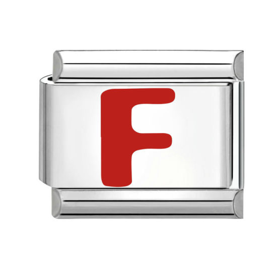 Bild von 1 Stück 304 Edelstahl Großbuchstaben Charm-Armband mit italienischen Gliedern zur Herstellung von DIY-Schmuck Silberfarbe Rot Emaille Rechteck Message " F " 10mm x 9mm