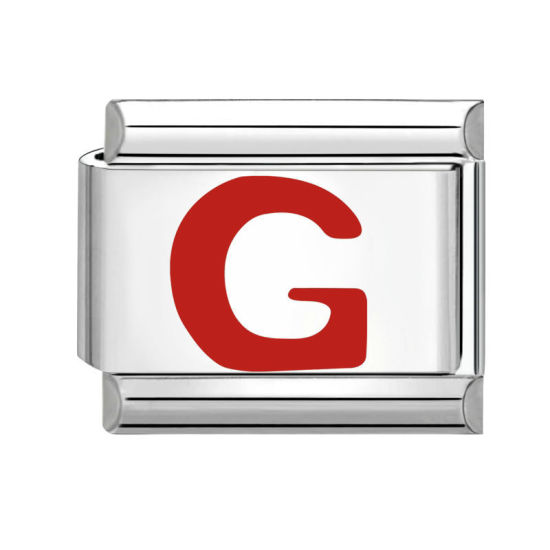 Bild von 1 Stück 304 Edelstahl Großbuchstaben Charm-Armband mit italienischen Gliedern zur Herstellung von DIY-Schmuck Silberfarbe Rot Emaille Rechteck Message " G " 10mm x 9mm