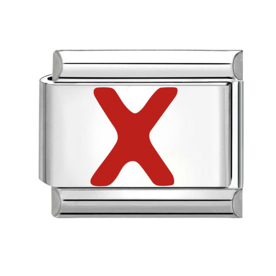 Bild von 1 Stück 304 Edelstahl Großbuchstaben Charm-Armband mit italienischen Gliedern zur Herstellung von DIY-Schmuck Silberfarbe Rot Emaille Rechteck Message " X " 10mm x 9mm