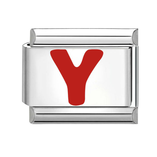 Bild von 1 Stück 304 Edelstahl Großbuchstaben Charm-Armband mit italienischen Gliedern zur Herstellung von DIY-Schmuck Silberfarbe Rot Emaille Rechteck Message " Y " 10mm x 9mm