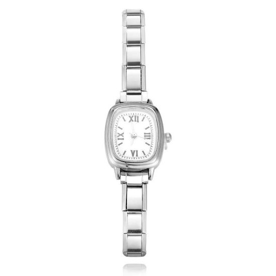 Picture of 1 Piece 304 Stainless Steel Silver Tone Italian Charm Links Modular Wrist Watch, Stylish & Casual Rectangle White Unisex Gift 18.5cm(7 2/8") long