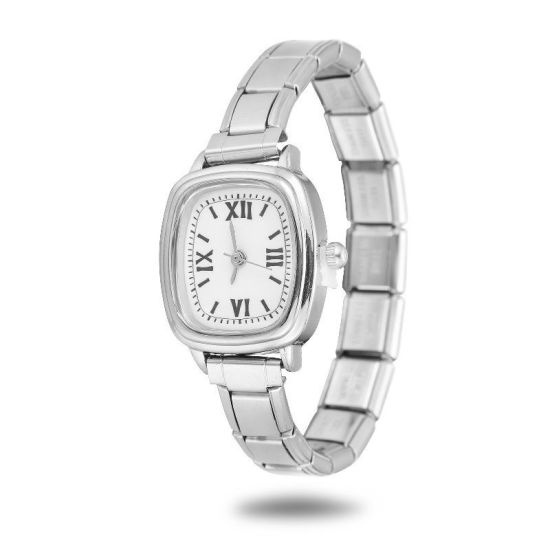 Picture of 1 Piece 304 Stainless Steel Silver Tone Italian Charm Links Modular Wrist Watch, Stylish & Casual Rectangle White Unisex Gift 18.5cm(7 2/8") long
