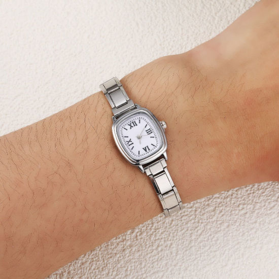 Picture of 1 Piece 304 Stainless Steel Silver Tone Italian Charm Links Modular Wrist Watch, Stylish & Casual Rectangle White Unisex Gift 18.5cm(7 2/8") long