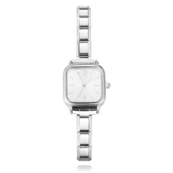Picture of 1 Piece 304 Stainless Steel Silver Tone Italian Charm Links Modular Wrist Watch, Stylish & Casual Square White Unisex Gift 18.5cm(7 2/8") long