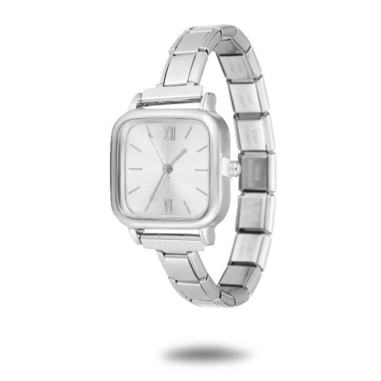Picture of 1 Piece 304 Stainless Steel Silver Tone Italian Charm Links Modular Wrist Watch, Stylish & Casual Square White Unisex Gift 18.5cm(7 2/8") long