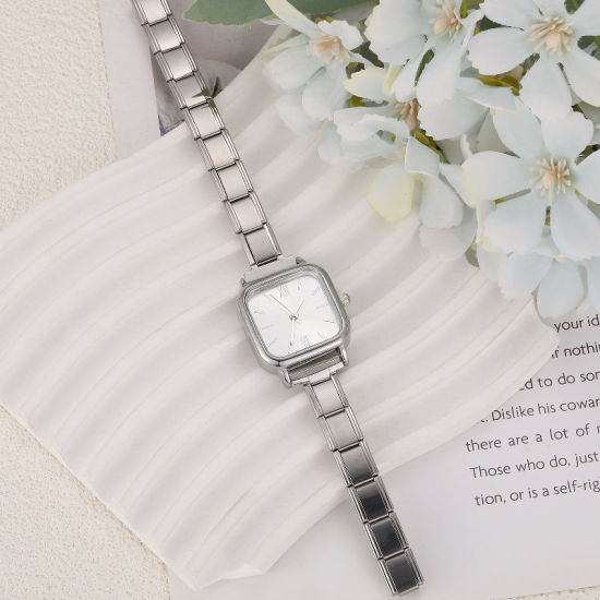 Picture of 1 Piece 304 Stainless Steel Silver Tone Italian Charm Links Modular Wrist Watch, Stylish & Casual Square White Unisex Gift 18.5cm(7 2/8") long