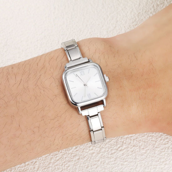 Picture of 1 Piece 304 Stainless Steel Silver Tone Italian Charm Links Modular Wrist Watch, Stylish & Casual Square White Unisex Gift 18.5cm(7 2/8") long