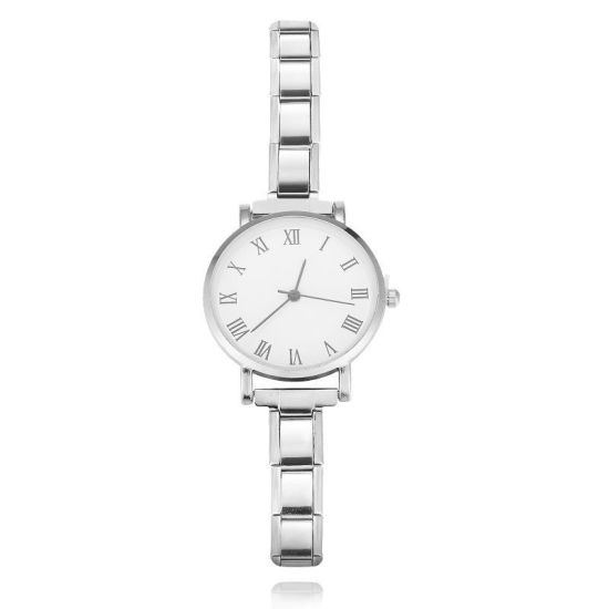 Picture of 1 Piece 304 Stainless Steel Silver Tone Italian Charm Links Modular Wrist Watch, Stylish & Casual Round White Unisex Gift 18.5cm(7 2/8") long