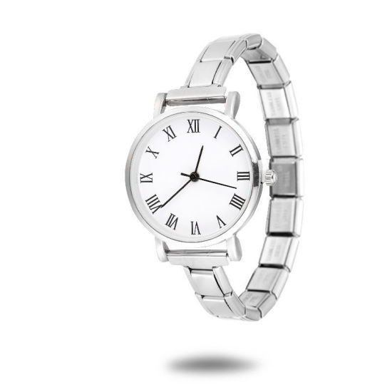Picture of 1 Piece 304 Stainless Steel Silver Tone Italian Charm Links Modular Wrist Watch, Stylish & Casual Round White Unisex Gift 18.5cm(7 2/8") long