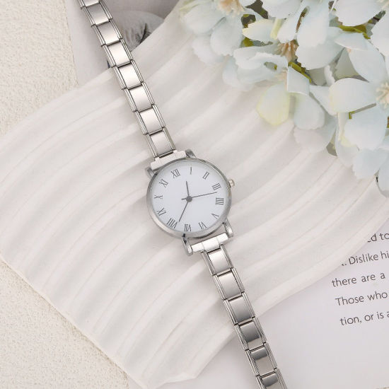Picture of 1 Piece 304 Stainless Steel Silver Tone Italian Charm Links Modular Wrist Watch, Stylish & Casual Round White Unisex Gift 18.5cm(7 2/8") long