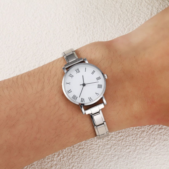 Picture of 1 Piece 304 Stainless Steel Silver Tone Italian Charm Links Modular Wrist Watch, Stylish & Casual Round White Unisex Gift 18.5cm(7 2/8") long