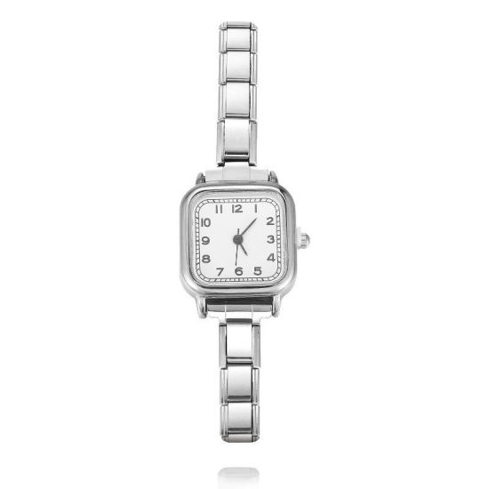Picture of 1 Piece 304 Stainless Steel Silver Tone Italian Charm Links Modular Wrist Watch, Stylish & Casual Square White Unisex Gift 18.5cm(7 2/8") long