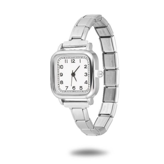 Picture of 1 Piece 304 Stainless Steel Silver Tone Italian Charm Links Modular Wrist Watch, Stylish & Casual Square White Unisex Gift 18.5cm(7 2/8") long