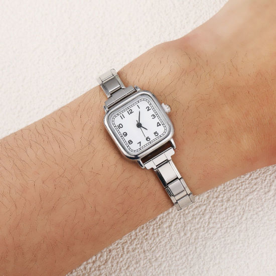 Picture of 1 Piece 304 Stainless Steel Silver Tone Italian Charm Links Modular Wrist Watch, Stylish & Casual Square White Unisex Gift 18.5cm(7 2/8") long