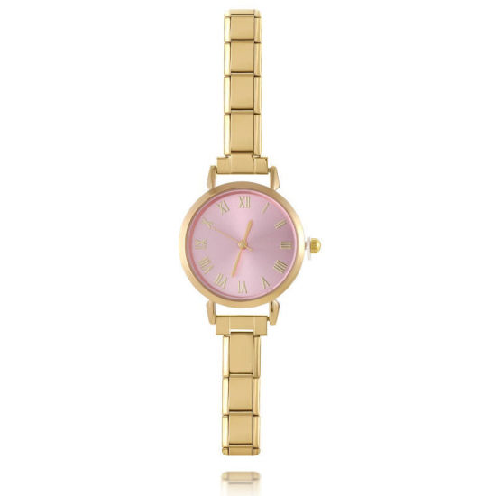 Picture of 1 Piece 304 Stainless Steel Gold Plated Italian Charm Links Modular Wrist Watch, Stylish & Casual Round Pink Unisex Gift 18.5cm(7 2/8") long