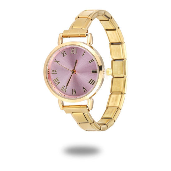 Picture of 1 Piece 304 Stainless Steel Gold Plated Italian Charm Links Modular Wrist Watch, Stylish & Casual Round Pink Unisex Gift 18.5cm(7 2/8") long