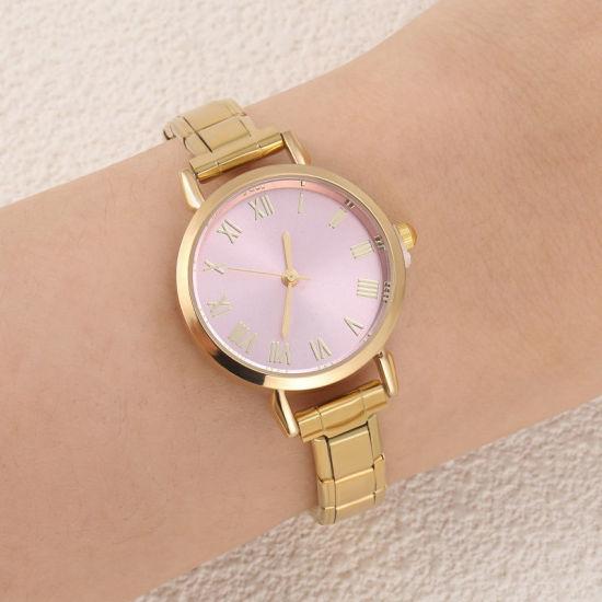 Picture of 1 Piece 304 Stainless Steel Gold Plated Italian Charm Links Modular Wrist Watch, Stylish & Casual Round Pink Unisex Gift 18.5cm(7 2/8") long