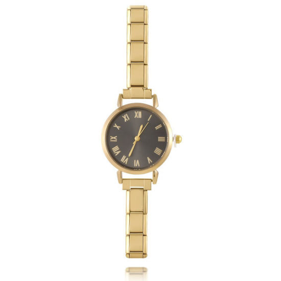 Picture of 1 Piece 304 Stainless Steel Gold Plated Italian Charm Links Modular Wrist Watch, Stylish & Casual Round Black Unisex Gift 18.5cm(7 2/8") long