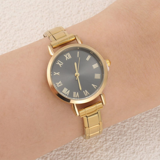 Picture of 1 Piece 304 Stainless Steel Gold Plated Italian Charm Links Modular Wrist Watch, Stylish & Casual Round Black Unisex Gift 18.5cm(7 2/8") long