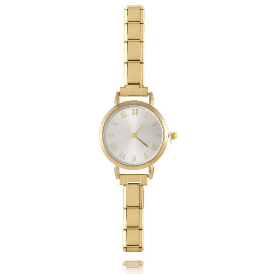 Picture of 1 Piece 304 Stainless Steel Gold Plated Italian Charm Links Modular Wrist Watch, Stylish & Casual Round White Unisex Gift 18.5cm(7 2/8") long