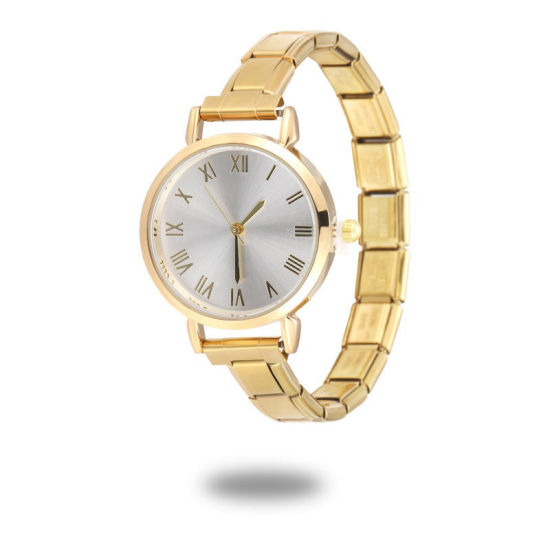 Picture of 1 Piece 304 Stainless Steel Gold Plated Italian Charm Links Modular Wrist Watch, Stylish & Casual Round White Unisex Gift 18.5cm(7 2/8") long