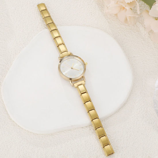 Picture of 1 Piece 304 Stainless Steel Gold Plated Italian Charm Links Modular Wrist Watch, Stylish & Casual Round White Unisex Gift 18.5cm(7 2/8") long