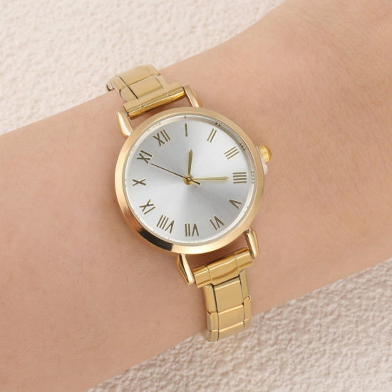 Picture of 1 Piece 304 Stainless Steel Gold Plated Italian Charm Links Modular Wrist Watch, Stylish & Casual Round White Unisex Gift 18.5cm(7 2/8") long