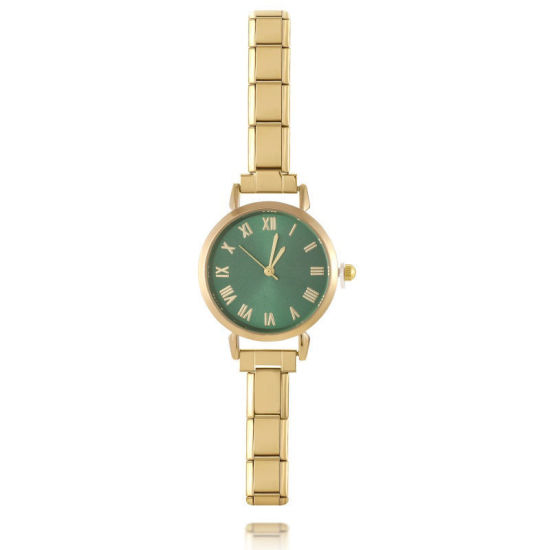 Picture of 1 Piece 304 Stainless Steel Gold Plated Italian Charm Links Modular Wrist Watch, Stylish & Casual Round Green Unisex Gift 18.5cm(7 2/8") long