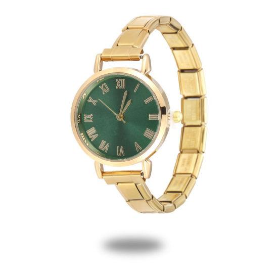 Picture of 1 Piece 304 Stainless Steel Gold Plated Italian Charm Links Modular Wrist Watch, Stylish & Casual Round Green Unisex Gift 18.5cm(7 2/8") long