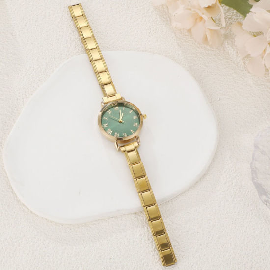Picture of 1 Piece 304 Stainless Steel Gold Plated Italian Charm Links Modular Wrist Watch, Stylish & Casual Round Green Unisex Gift 18.5cm(7 2/8") long