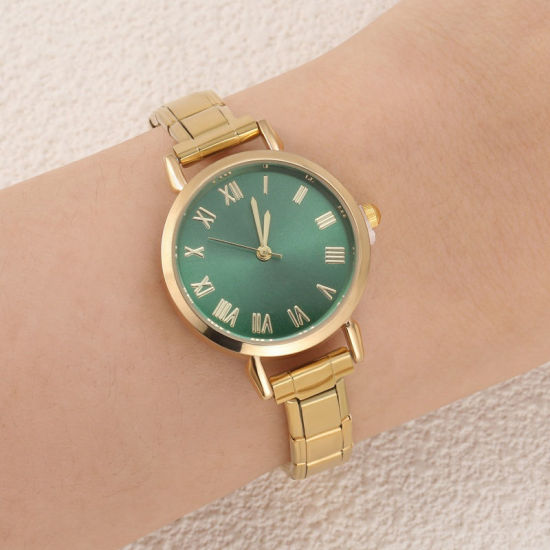 Picture of 1 Piece 304 Stainless Steel Gold Plated Italian Charm Links Modular Wrist Watch, Stylish & Casual Round Green Unisex Gift 18.5cm(7 2/8") long