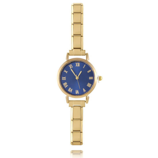 Picture of 1 Piece 304 Stainless Steel Gold Plated Italian Charm Links Modular Wrist Watch, Stylish & Casual Round Blue Unisex Gift 18.5cm(7 2/8") long