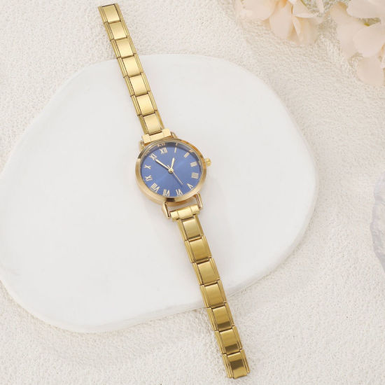 Picture of 1 Piece 304 Stainless Steel Gold Plated Italian Charm Links Modular Wrist Watch, Stylish & Casual Round Blue Unisex Gift 18.5cm(7 2/8") long