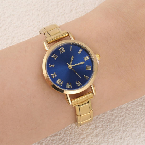 Picture of 1 Piece 304 Stainless Steel Gold Plated Italian Charm Links Modular Wrist Watch, Stylish & Casual Round Blue Unisex Gift 18.5cm(7 2/8") long