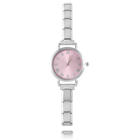 Picture of 1 Piece 304 Stainless Steel Silver Tone Italian Charm Links Modular Wrist Watch, Stylish & Casual Round Pink Unisex Gift 18.5cm(7 2/8") long