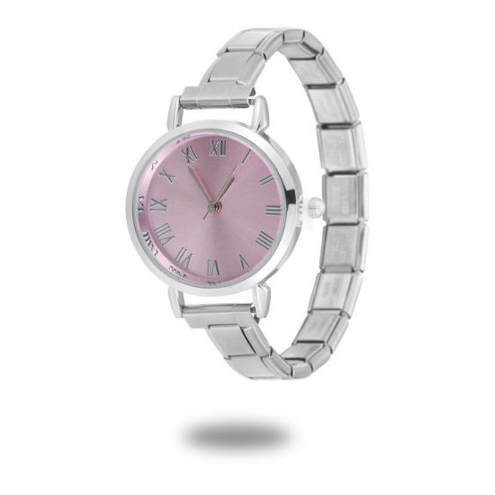 Picture of 1 Piece 304 Stainless Steel Silver Tone Italian Charm Links Modular Wrist Watch, Stylish & Casual Round Pink Unisex Gift 18.5cm(7 2/8") long