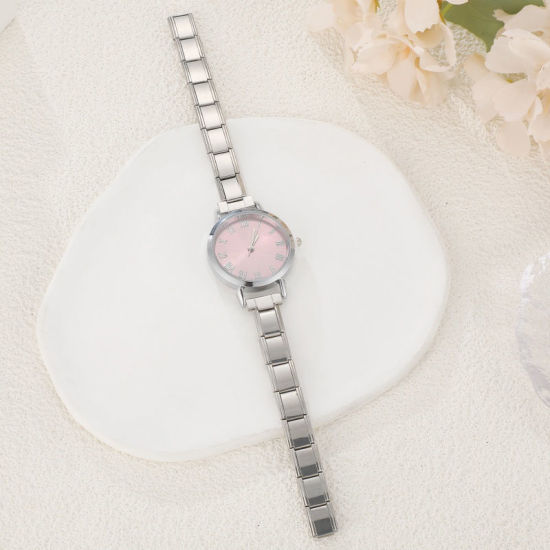 Picture of 1 Piece 304 Stainless Steel Silver Tone Italian Charm Links Modular Wrist Watch, Stylish & Casual Round Pink Unisex Gift 18.5cm(7 2/8") long