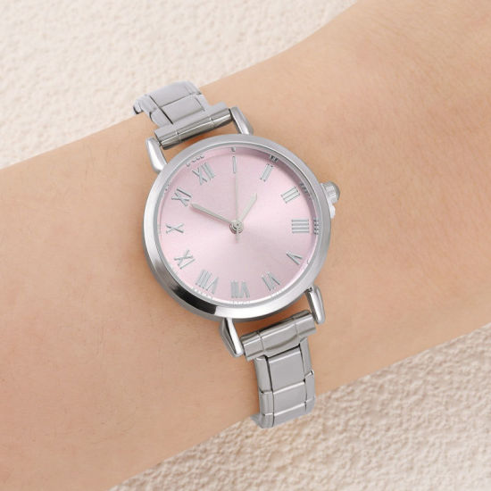 Picture of 1 Piece 304 Stainless Steel Silver Tone Italian Charm Links Modular Wrist Watch, Stylish & Casual Round Pink Unisex Gift 18.5cm(7 2/8") long