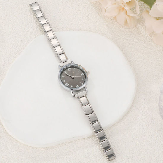 Picture of 1 Piece 304 Stainless Steel Silver Tone Italian Charm Links Modular Wrist Watch, Stylish & Casual Round Black Unisex Gift 18.5cm(7 2/8") long