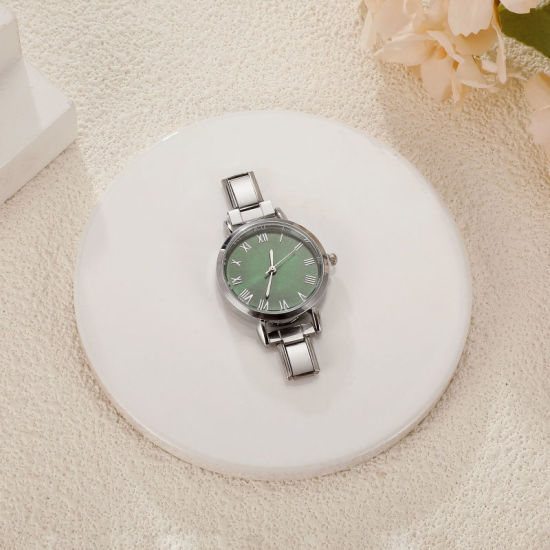 Bild von 1 Stück 304 Edelstahl Stilvoll & lässig hrwerk mit italienischen Charm-Links für die DIY-Schmuckherstellung Silberfarbe Grün Rund 5.7cm x 3cm