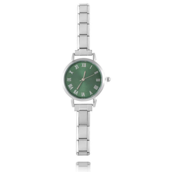 Picture of 1 Piece 304 Stainless Steel Silver Tone Italian Charm Links Modular Wrist Watch, Stylish & Casual Round Green Unisex Gift 18.5cm(7 2/8") long
