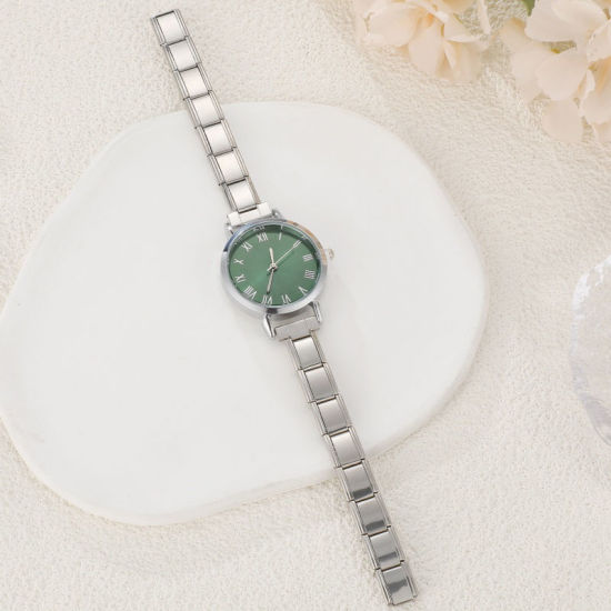 Picture of 1 Piece 304 Stainless Steel Silver Tone Italian Charm Links Modular Wrist Watch, Stylish & Casual Round Green Unisex Gift 18.5cm(7 2/8") long