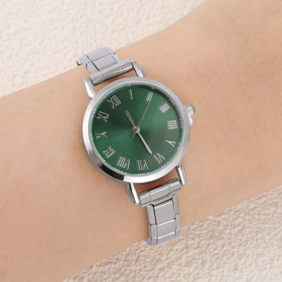 Picture of 1 Piece 304 Stainless Steel Silver Tone Italian Charm Links Modular Wrist Watch, Stylish & Casual Round Green Unisex Gift 18.5cm(7 2/8") long