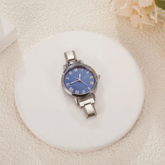 Bild von 1 Stück 304 Edelstahl Stilvoll & lässig hrwerk mit italienischen Charm-Links für die DIY-Schmuckherstellung Silberfarbe Blau Rund 5.7cm x 3cm