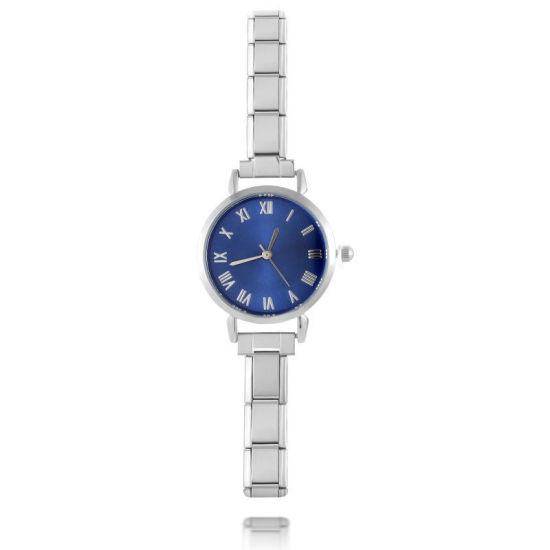 Picture of 1 Piece 304 Stainless Steel Silver Tone Italian Charm Links Modular Wrist Watch, Stylish & Casual Round Blue Unisex Gift 18.5cm(7 2/8") long