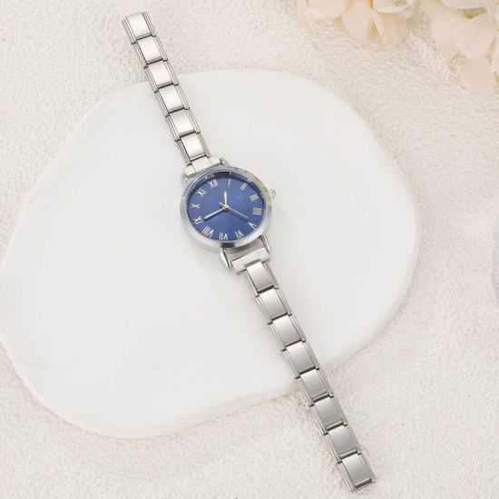 Picture of 1 Piece 304 Stainless Steel Silver Tone Italian Charm Links Modular Wrist Watch, Stylish & Casual Round Blue Unisex Gift 18.5cm(7 2/8") long