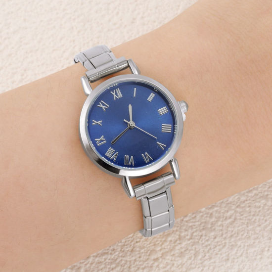 Picture of 1 Piece 304 Stainless Steel Silver Tone Italian Charm Links Modular Wrist Watch, Stylish & Casual Round Blue Unisex Gift 18.5cm(7 2/8") long