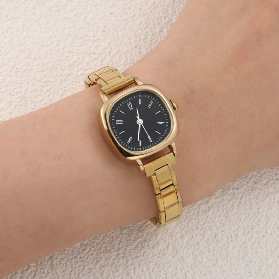 Bild von 1 Strang 304 Edelstahl Vergoldet Modulares Armbanduhr, Stilvoll & lässig Quadrat Schwarz Unisex Geschenk 18.5cm lang