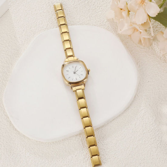 Bild von 1 Strang 304 Edelstahl Vergoldet Modulares Armbanduhr, Stilvoll & lässig Quadrat Weiß Unisex Geschenk 18.5cm lang